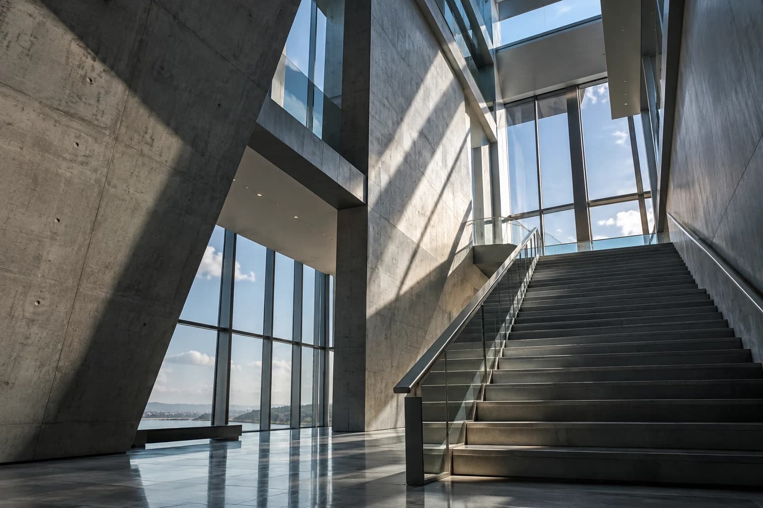 A sculptural staircase rising through a light-filled concrete and glass interior